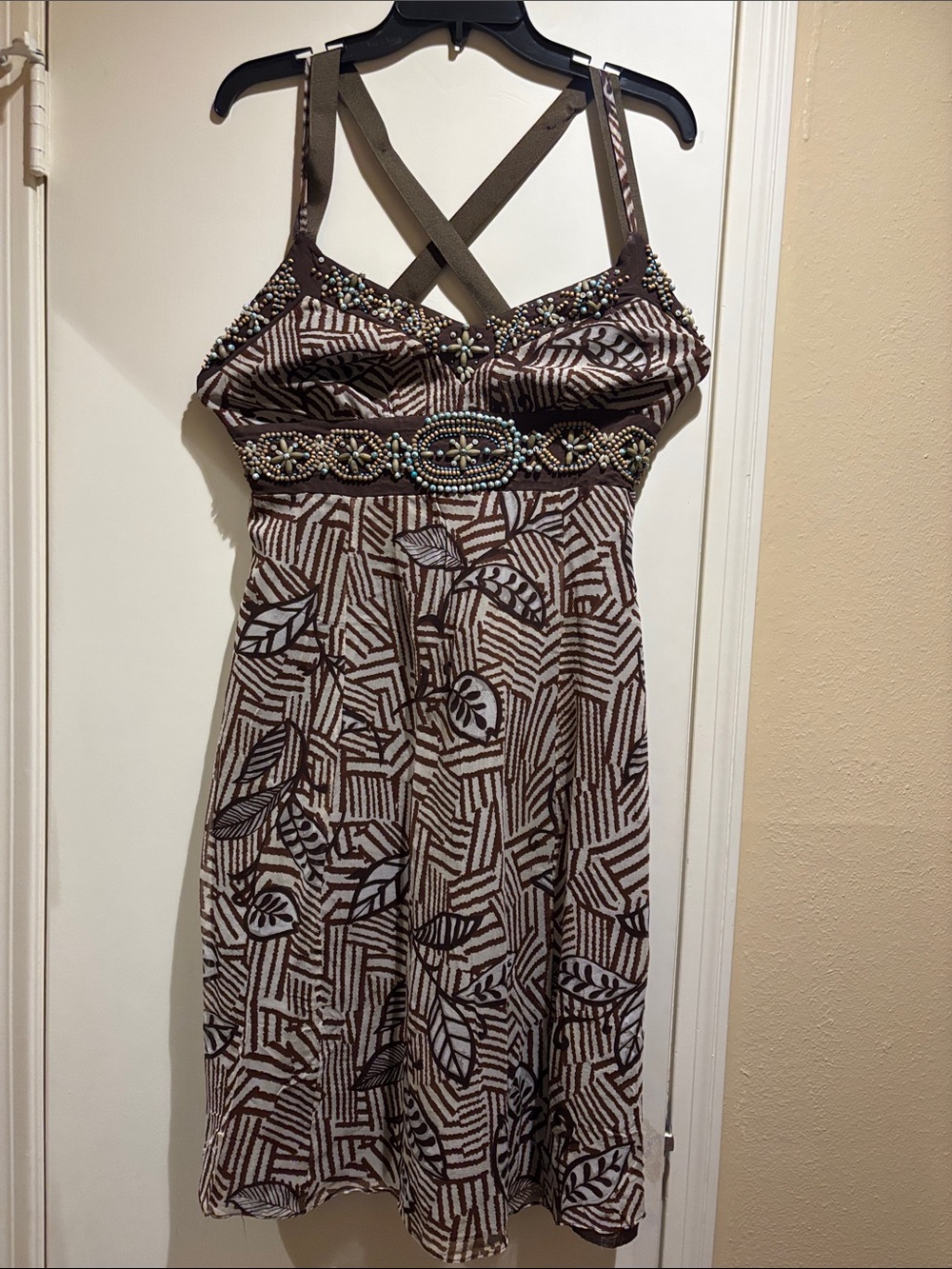 Mixit Brown and Cream Beaded Waist Mini Dress